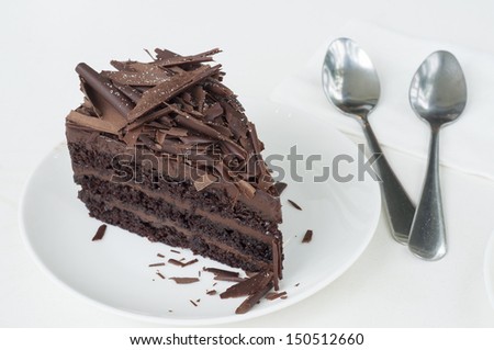 Piece of chocolate cake with chocolate flake topping