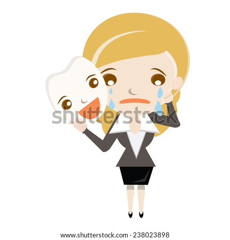Cartoon Businesswoman hide her sadness under happy mask.Business woman hold emotion face mask.