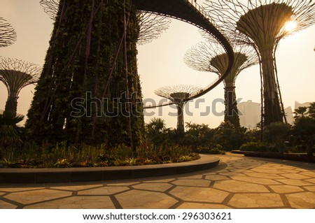 Waterfront, Singapore - March 09, 2014 : Silhouette of Gardens by the Bay. The place was crowned World Building of the Year at the World Architecture Festival 2012