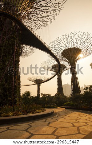 Waterfront, Singapore - March 09, 2014 : Silhouette of Gardens by the Bay. The place was crowned World Building of the Year at the World Architecture Festival 2012