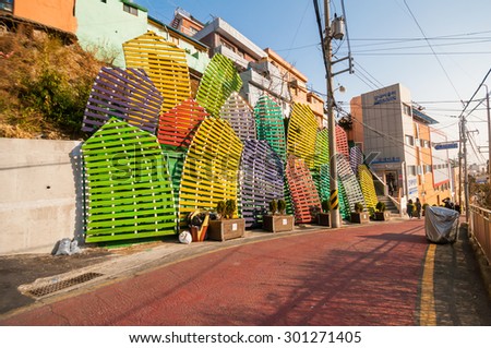 Busan, South Korea - February 26, 2015: Architecture art at Gamcheon Village, In 2009 Korea Ministry of Culture, Sports, and Tourism launched a project to model the village into a creative community.