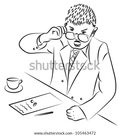 The angry boss knocks a fist on a table and shouts. Black-and-white vector drawing brush.