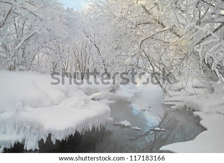 Winter landscape with the wood river. Russian winter