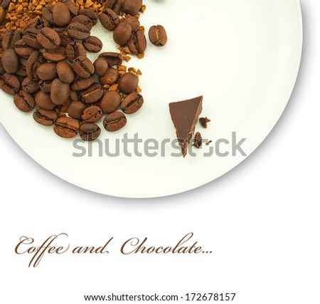 Coffee grains  with granules of instant coffee and a chocolate slice on a white plate isolated on a white background.