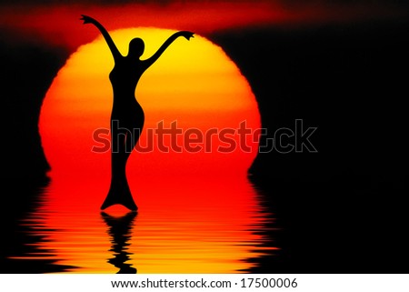 Illustration of a mermaid against a red sun on the horizon