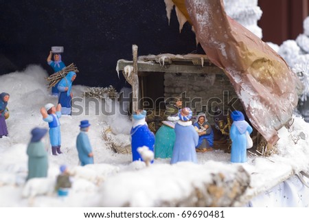 Nativity scene during an exposition of creches in a french village in Provence (French Riviera).