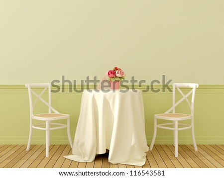 The Interior In The Style Of Provence With Two White Chairs And A Coffee Table Covered With A Linen Tablecloth On Soft Green Background
