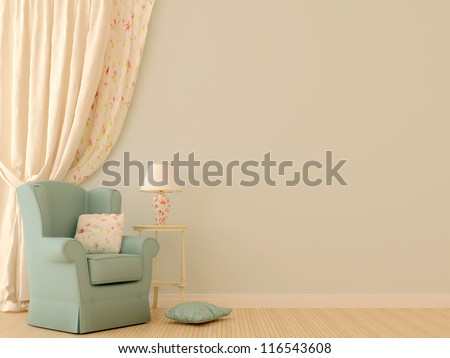 Against The Background Of Tenderly Blue Walls Are Located A Blue Chair With A White Decorative Table, A Lamp And Massive Light Curtains That Complete The Left Side Of The Composition.