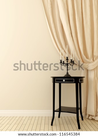 Elegant composition of black classic table and monochrome soft beige curtains on a light background.
