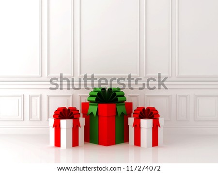 Three big gift on a white wall in the classical style