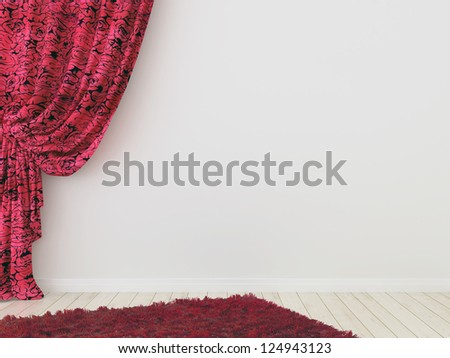 Red curtains and fluffy carpet against a blank wall