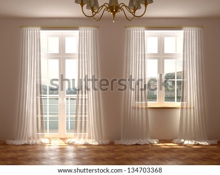 Empty room with a wonderful view from the windows and balcony door which are decorated with white curtains
