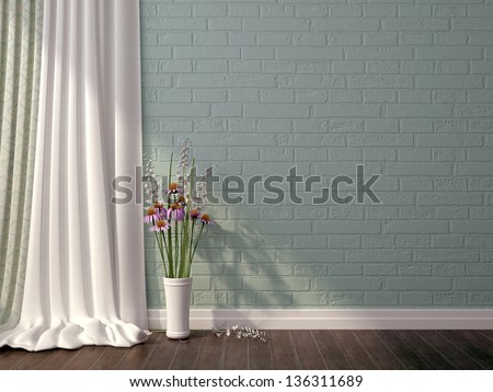 Interior composition in a romantic style, with white curtains, and a vase with flowers on the background of blue brickwork