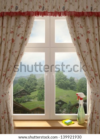 Just washed window with a wonderful view of the village and decorating in country style curtains