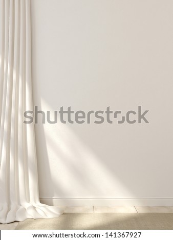 White curtains, baseboards and carpet against a white wall