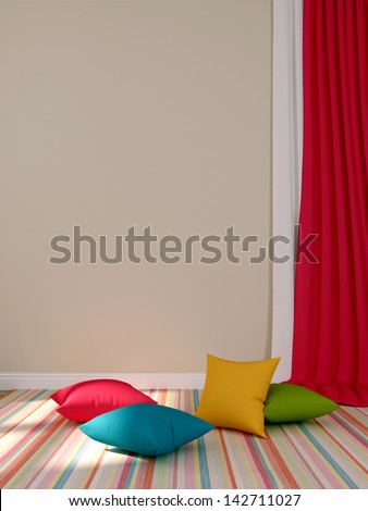 Colored pillows on a background of striped carpet and beige walls with red curtains