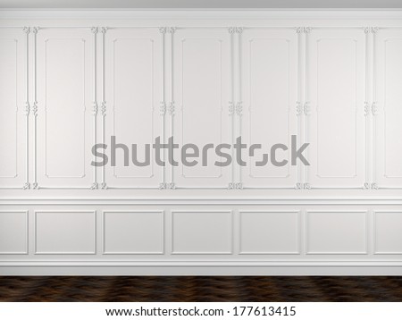 Classical interior of a white wall and a dark floor