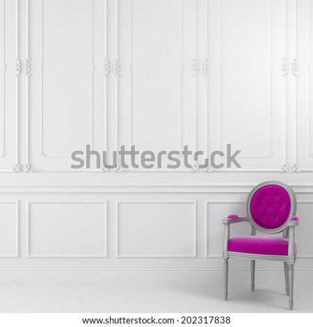 Classic pink chair against a white wall with molding