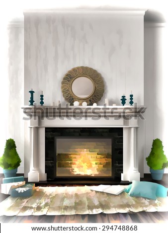 Classic white interior with blue decor  and fireplace, trimmed with white boards