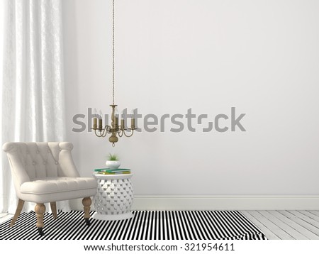 Light beige interior with elegant armchair and a bronze chandelier