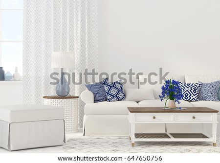 3D illustration. Interior of the living room in white and blue color