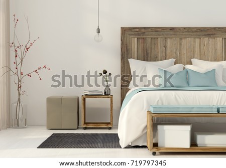 3D illustration. Interior of the bedroom in a minimalist style with wooden furniture