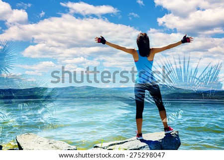 double exposure of athletic woman on the background of the sea. freedom and a healthy lifestyle. harmonious person outdoors. travel, nature and vastness of the ocean. freedom