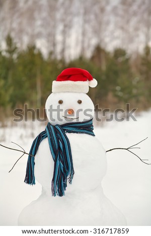 funny snowman in a forest. snowman in santa hat outdoors