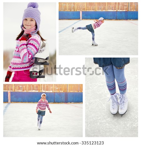cute little girl in a hat and a sweater ice skating. child winter outdoors on ice rink. set photos