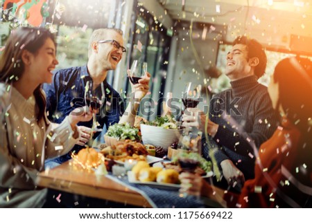 happiness friends christmas eve celebrate dinner party with food wine and laugh together with joyful moment