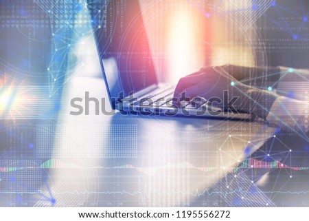 business working woman hand type laptop with office background