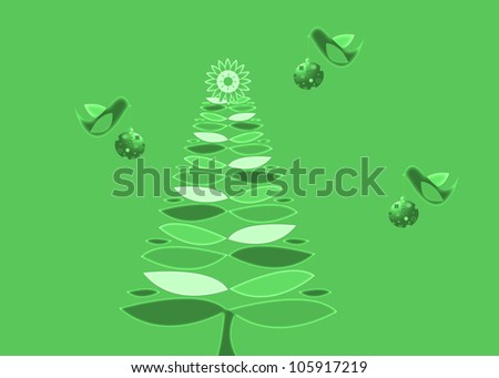 green Retro Christmas illustration with birds carrying vintage holiday ornament to decorate Christmas tree