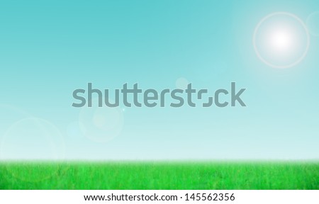 Lush green grass and clear blue sky with a lens flare for a relaxing background