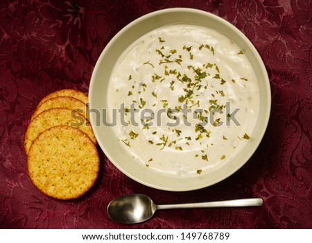 cream of chicken soup with crackers on elegant background for autumn meal