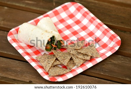 vegan veggie wrap with chips on a paper plate