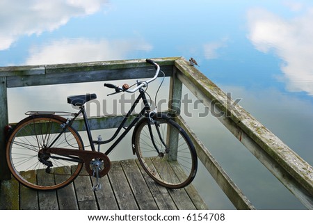 An old black bike and a bird on a wooden bridge