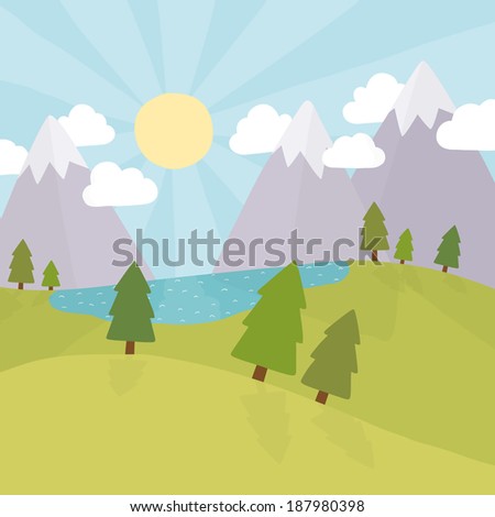Vector hand drawn landscape with mountains and lake