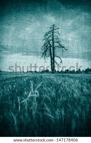 landscape painting look. old tree on corn field landscape