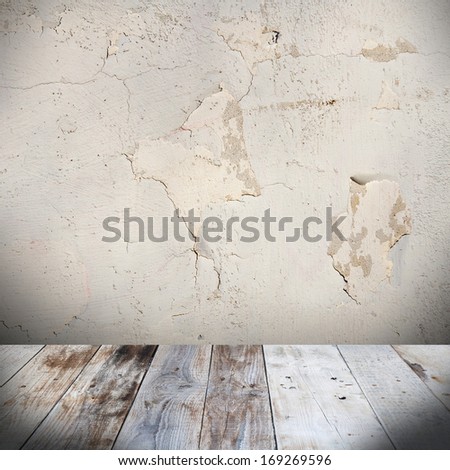old concrete grunge wall background with wood floor
