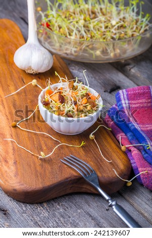 Fresh lentil and wheat sprouts salad with carrot, raisins, olive and garlic