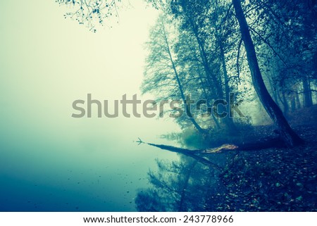 vintage photo of foggy lake landscape
