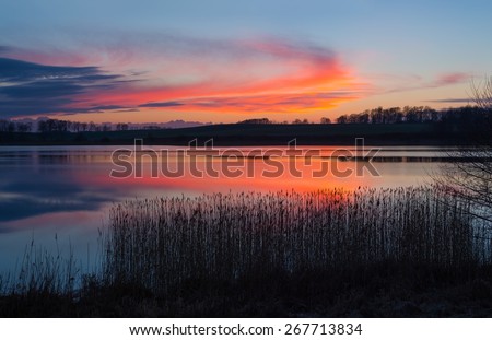Beautiful sunset over calm lake. Colorful and vibrant landscape of lake shore with reeds. Tranquil landscape useful as background