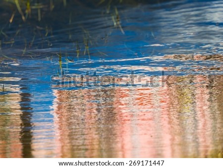 close up of water surface with ripples. sky with clouds, building or tree reflected in water.