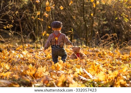 Little boy playing  in autumnal forest. Caucasian child walking in fallen maple leaves.