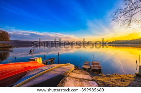 Beautiful and colorful lake landscape. Lake in Mazury lake district in Poland.