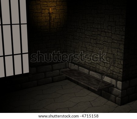 A dark and musty stone prison with bars on the windows and torches for light.