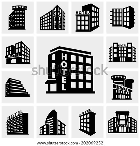 Hotel vector icons set on gray.