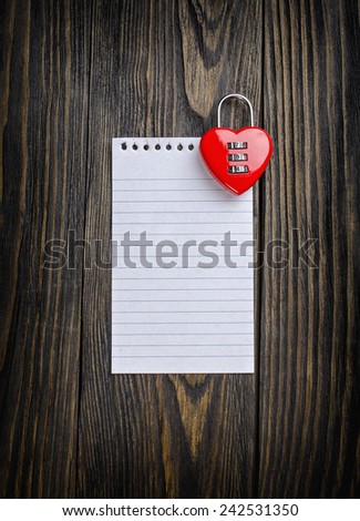 Love letter, heart lock on old wood background.Valentines Day background.