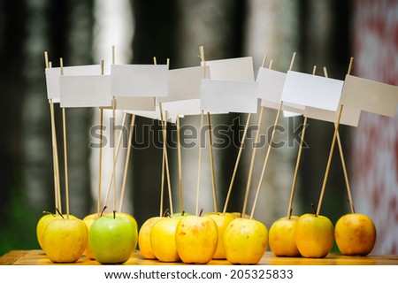 business cards on wooden sticks stuck into apples on green background