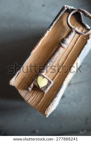 Love, valentine concept. Old key, paper heart, book.